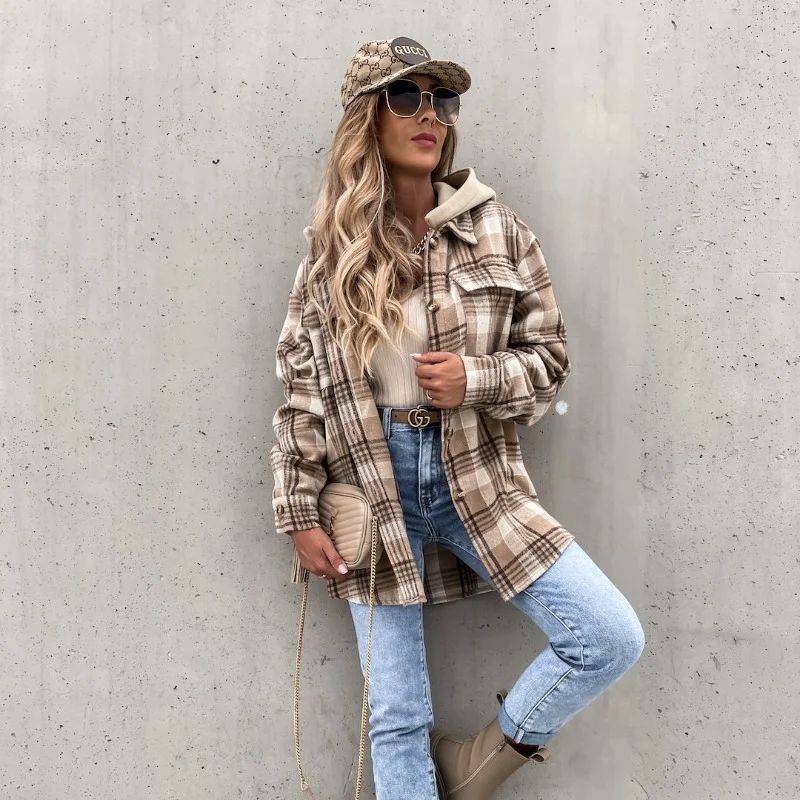 Hooded Plaid  Women Coats Daily Casual Comfortable Loose Sweaters Long Sleeve Coat Ladies Harajuku Autumn Winter Clothes