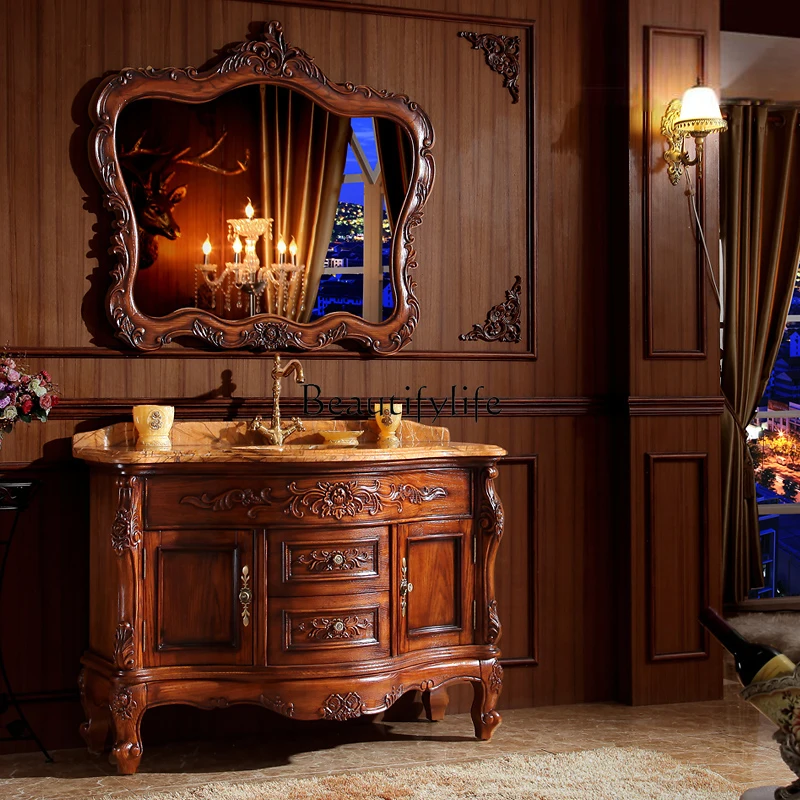 Bathroom Cabinet Red Oak Wash Basin Cabinet Combination Floor Antique Solid Wood Inter-Platform Basin Bathroom Cabinet