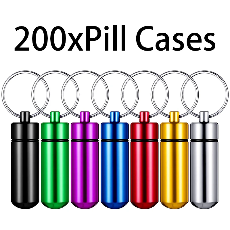 200Pcs Portable Pill Bottle Aluminum Alloy Mini Carry Keychain Sealed and Waterproof Medicine Box Key Chain Ring