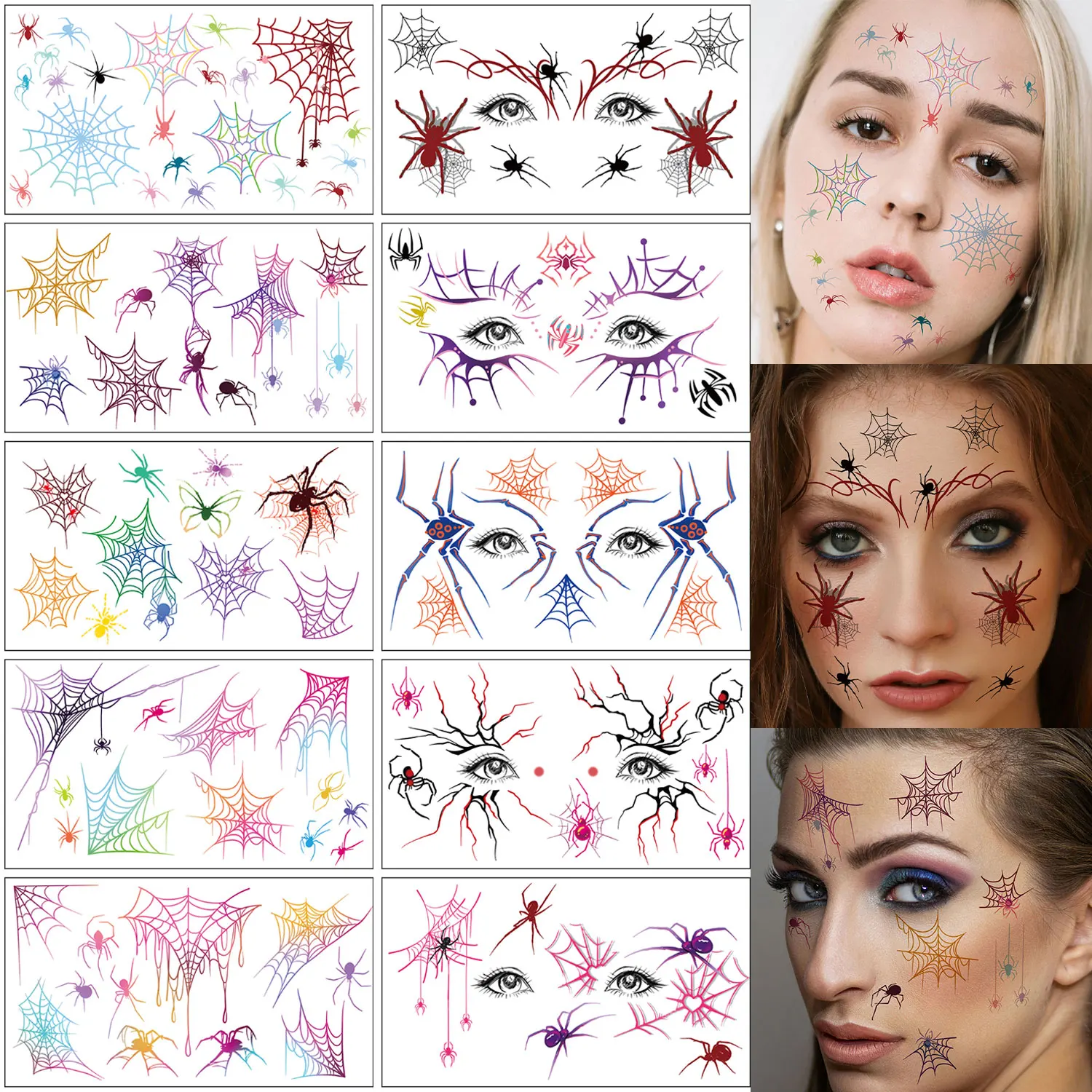 10 Halloween Face Tattoo Stickers, Colorful Spider and Spider Web Themed Designs, Waterproof Artistic Fake Tattoo Stickers, Suitable for Temporary Makeup at Halloween Parties