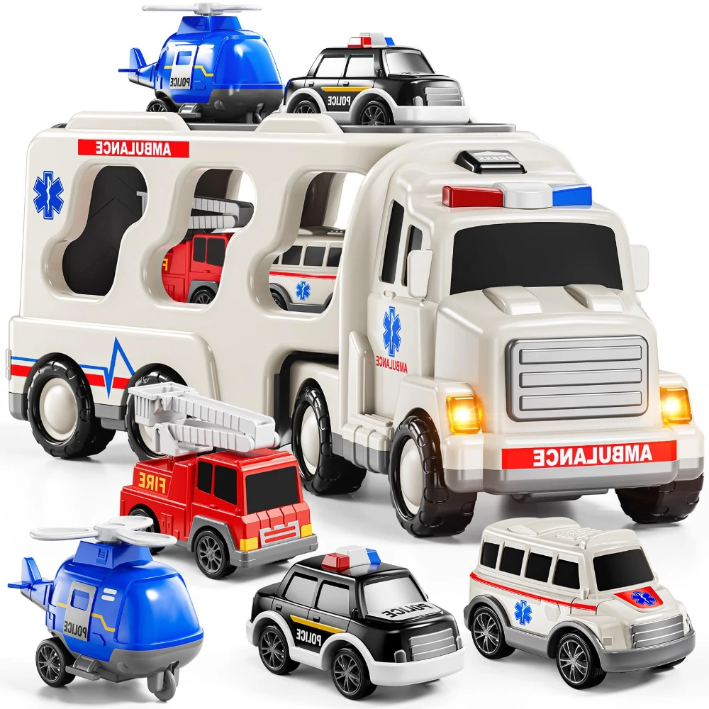 WizKidz Gioca a Ambulanza Veicolo Giocattolo Camion con Luce e Suono per Bambini dai 3+ Anni di Soccorso Di Emergenza Polizia Fuoco Elicottero Regali