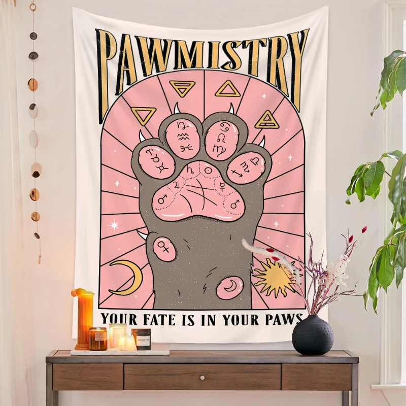 VIKAMA Niedlicher Tarot-Katzenkrallen-Wandteppich, geheimnisvoller Hexen-Stil, Wandbehang für Wohnzimmer, Schlafzimmer, Café, Astrologie-Dekoration