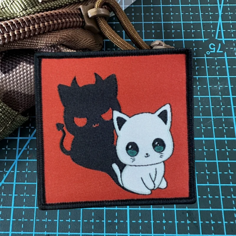 

Funny Cat Embroidery Tactical Patches Cute Hook and Loop Emblem Cartoon Evil Cat Meme Morale Badge Backpack Stickers