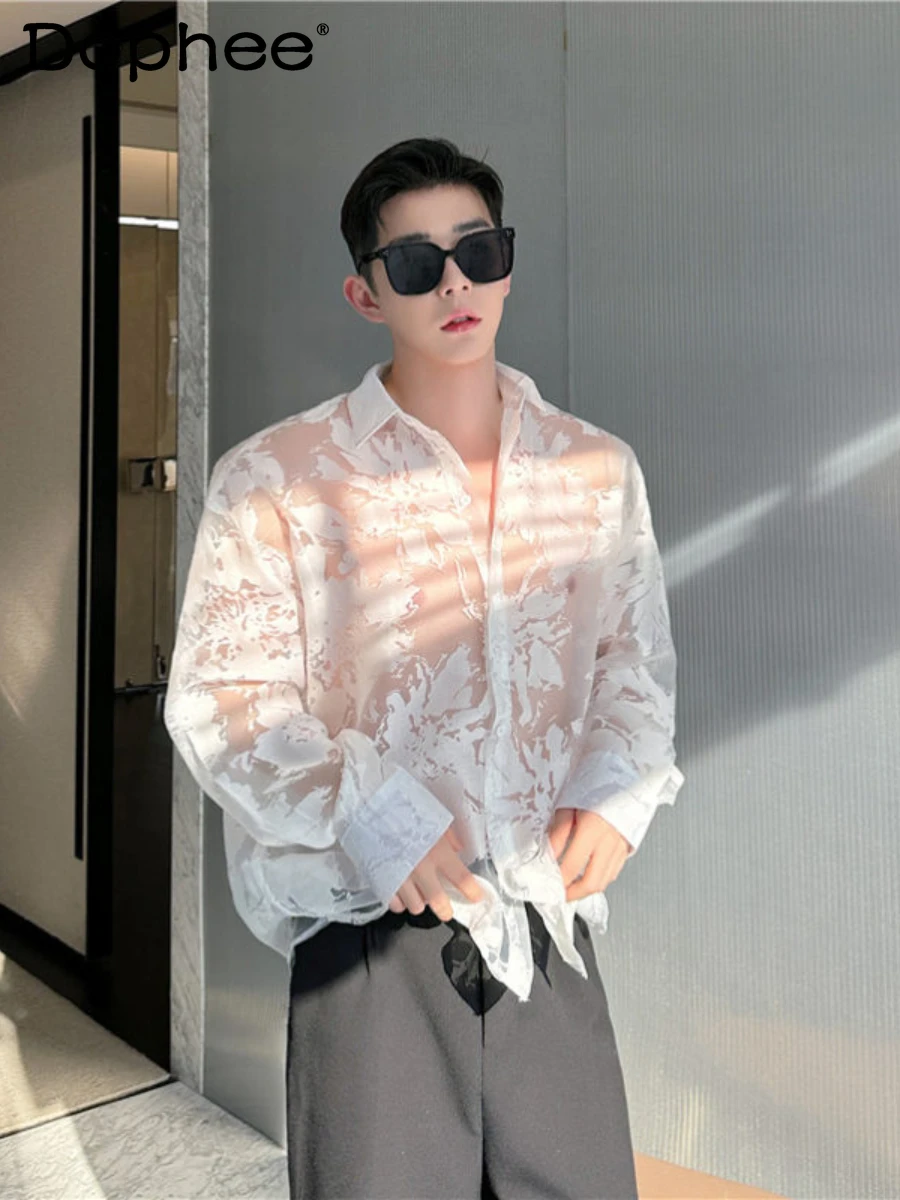 

Men's 2024 Summer Shirts See-through Jacquard Design Chiffon Shirt Loose Casual Long Sleeves Solid-Colored Sun Protection Shirts