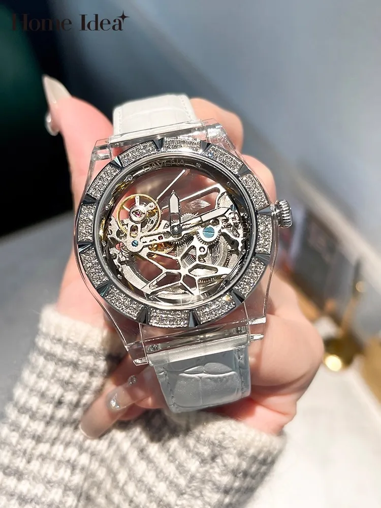

Дизайнерские прозрачные механические часы для офиса и женщин, модные бриллианты, модный силиконовый ремешок с пряжкой, повседневные часы