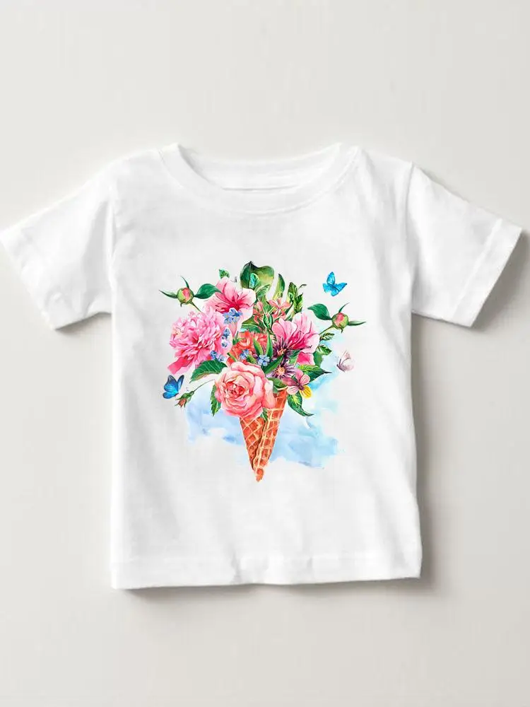 

Short Sleeve Fashion Ice Cream Flower Floral Kids Tees Tops O-neck Girls Boys Summer Cartoon Outfits T-shirts Children Clothes