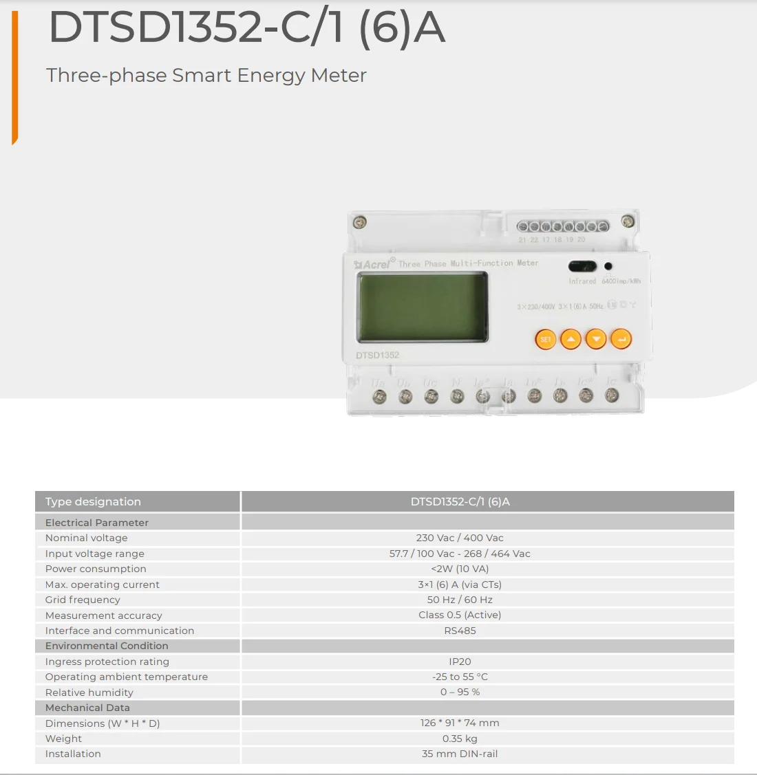 Sungrow Zero Export Device DTSD1352-C 1(6)A 3 Phase Multi-function Meter Compatible SG50CX SG110CX Solar Grid Tie Inverter Meter