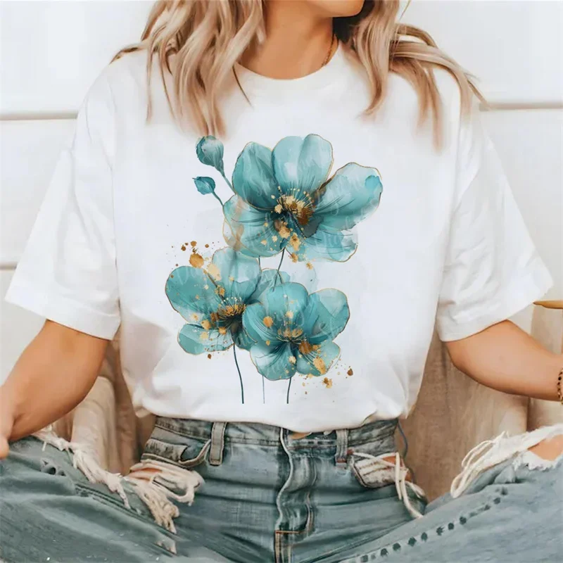 Pattern Fashion Women's T-Shirt Flower Style Sweet Clothing Short Sleeved Printed Clothing Casual Cute Flower Women's T-Shirt.