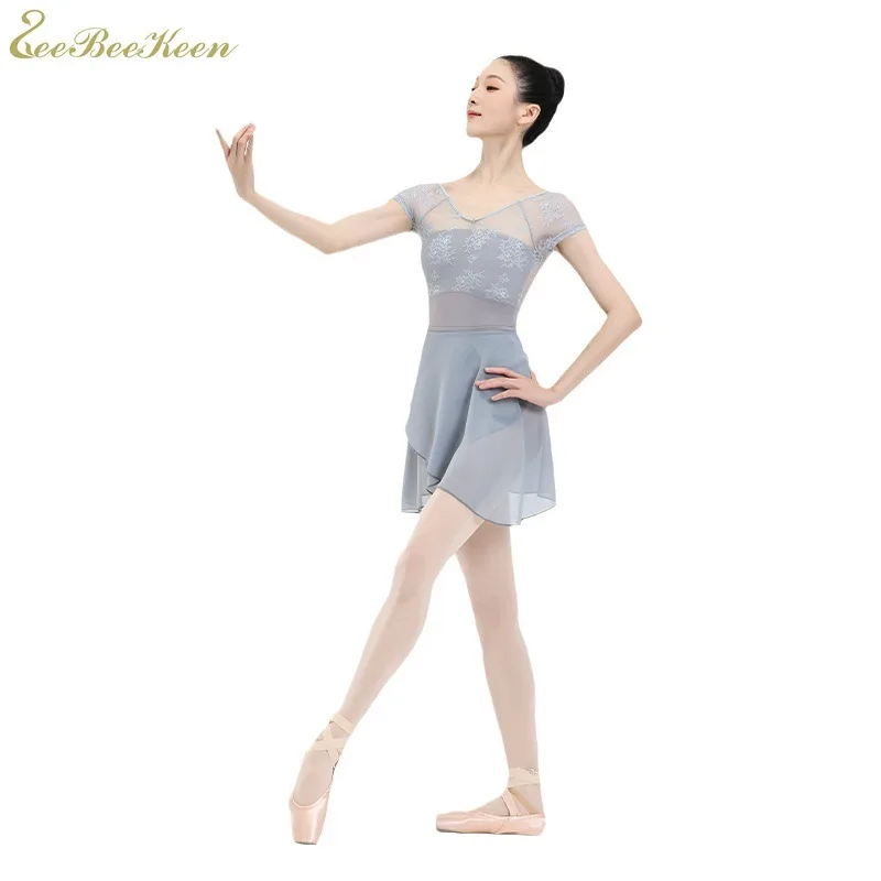 short sleeves mesh lace splice ballet leotard gymnastics girls yoga clothes jumpsuit dancewear women gray ballet dance leotard