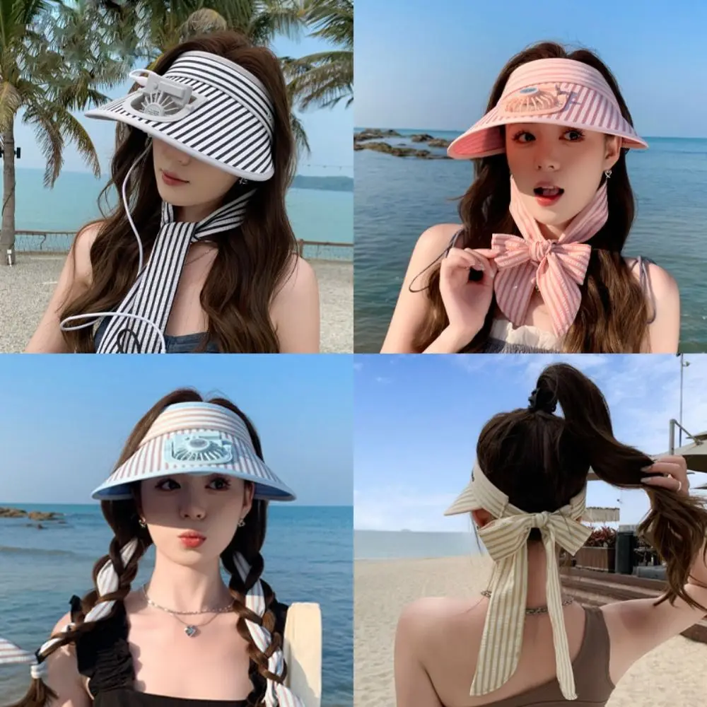 

Fashion Wide Brim Outdoor Sun Hat Anti-UV Breathable Empty Top Hat Adjustable with USB Charging Fan Beach Sunshade Hat