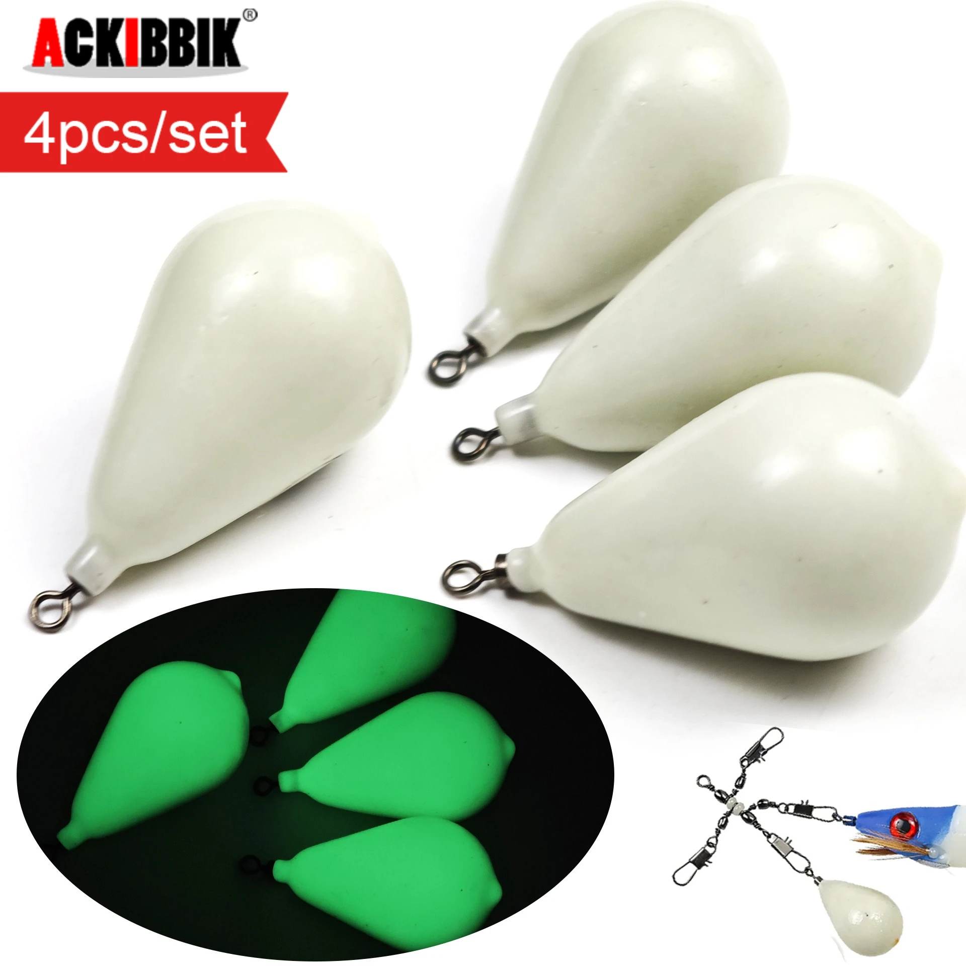 4er-Set Leuchtende Birnenförmige Gewichte mit Wirbel für Tintenfisch- und Oktopus-Jigging-Angelausrüstung – Leuchtendes Angelblei-Set