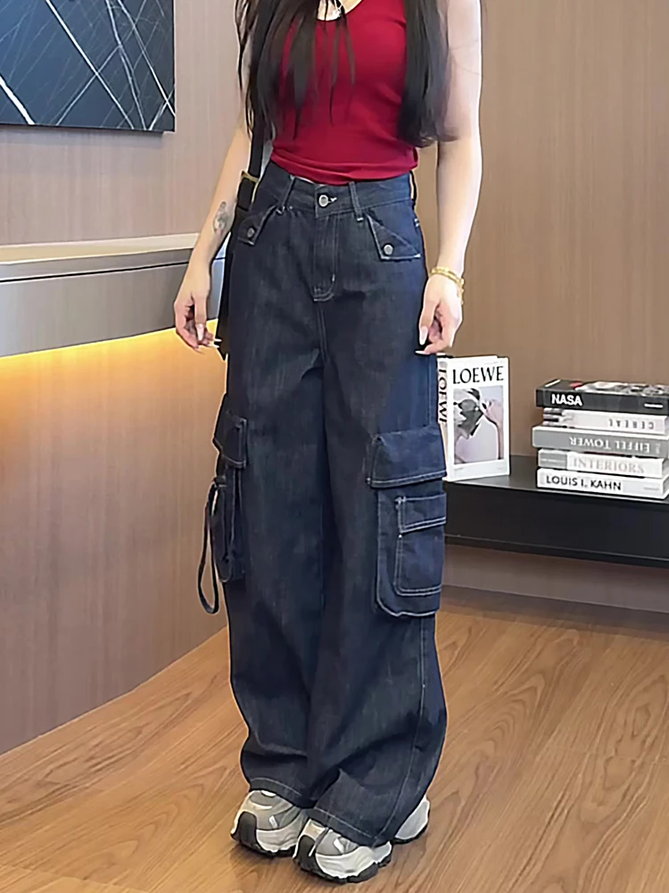

Faionable High Waist Wide Leg Straight Cut Denim Workwear Jeans for Women plus Size Autumn New Sle ket Detail Skinnifng