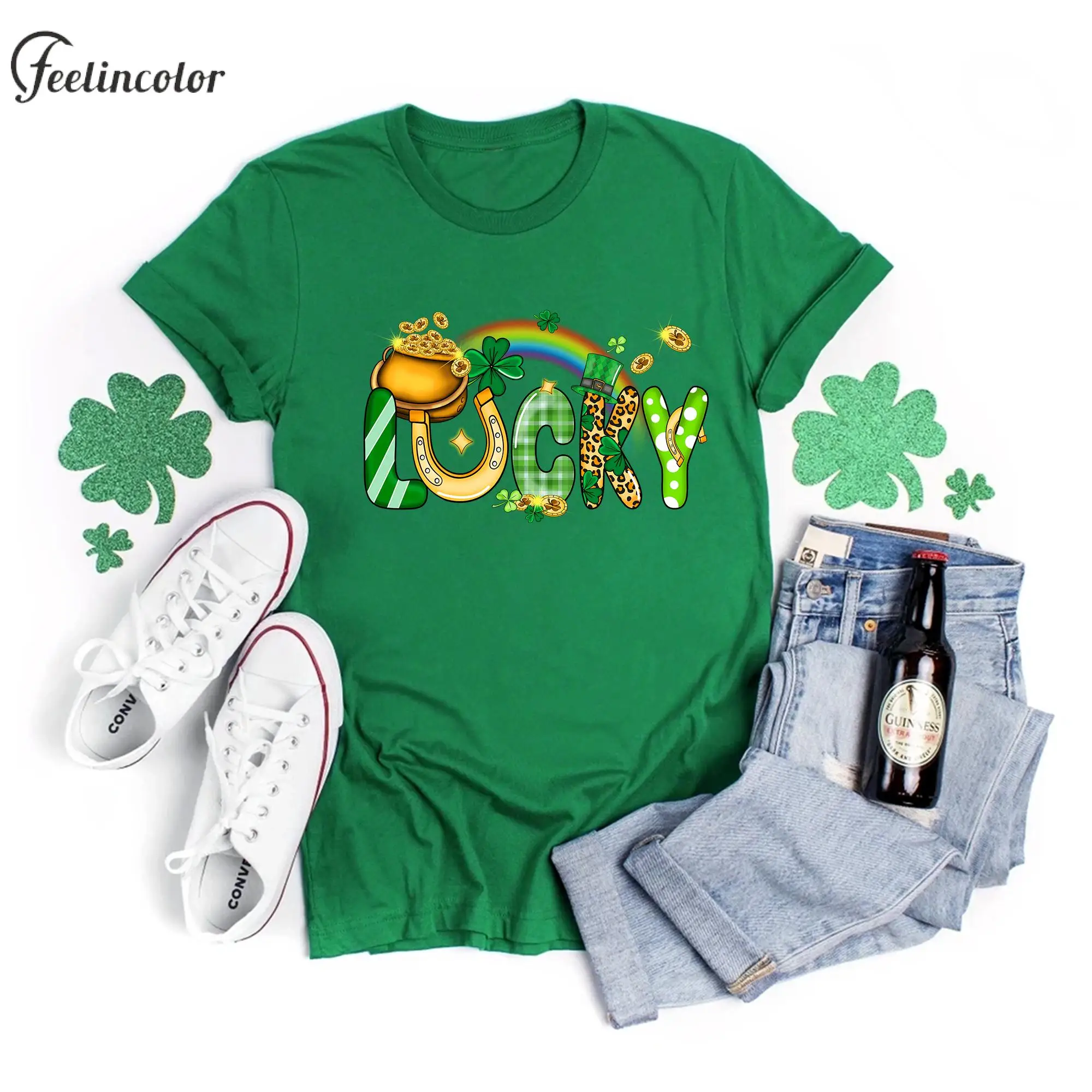 

St. Patrick's Day T-shirts Adult Lucky T-shirt Women Men Casual Streetwear Clover Printed Top O-neck Tee Holiday Party Clothes