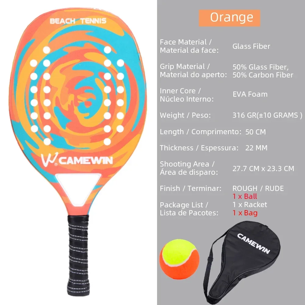 CAMEWIN Hochwertiger Strandtennisschläger aus 3K-Carbon und Glasfaser, weicher Tennisschläger mit rauer Oberfläche und Tasche und Balloption