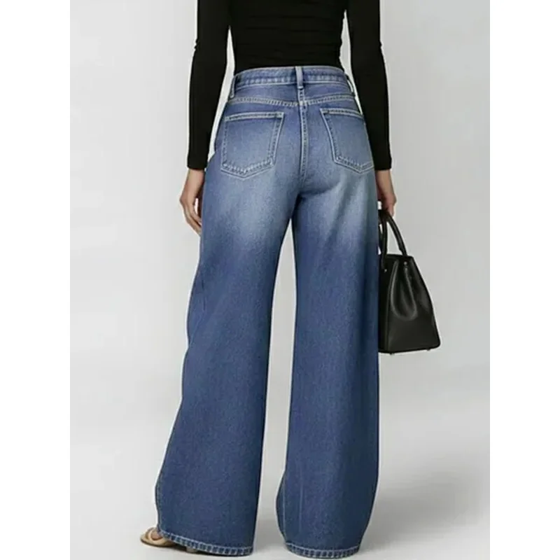 Missuoo Women's 2026 New Washed Blue High-Waist Metal Grommet Wide Leg Jeans, Casual Loose Fit Streetwear Pants for Daily Wear - Image 3