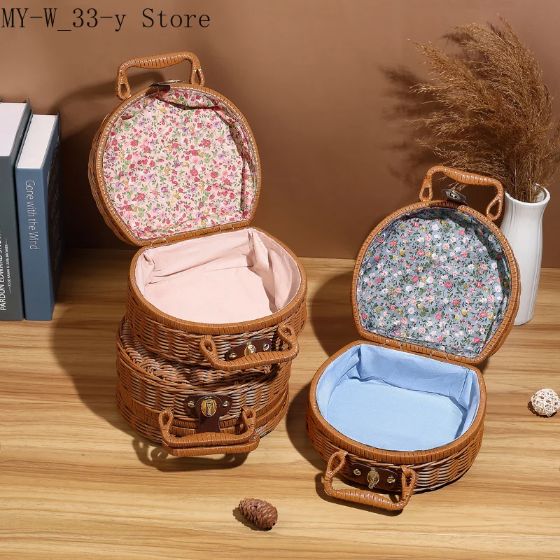 Retro Rattan Suitcase with Hand Gift Box Manual Woven Cosmetic Storage Box Wicker Rattan Picnic Laundry Baskets Home Storage