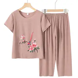 Two Piece Sets  Women Summer Suit Pajamas Set Flower Print Short Sleeve Top High Waist Pants Suit Casual Tracksuit Female Outfit