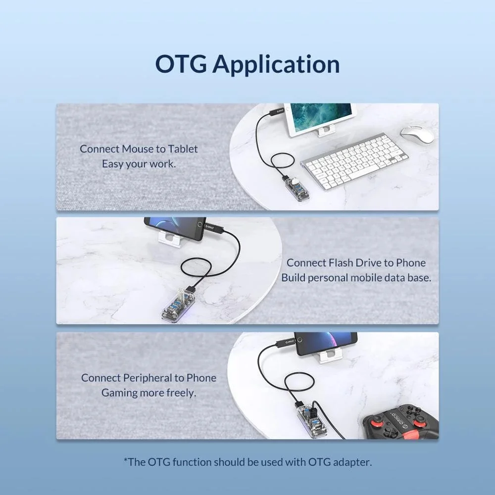 Imagem -06 - Orico Série Transparente Usb Hub Multi Portas de Alta Velocidade Usb3.0 Divisor com Micro Porta de Alimentação Usb para Computador Portátil Adaptador Otg