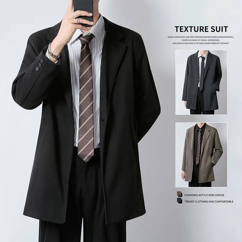 

Faionable Urban Korean Sle Men's Long Coat Slim Fit Suit Collar Overcoat Mid-Length Knee-High Winter Thiened Polyester