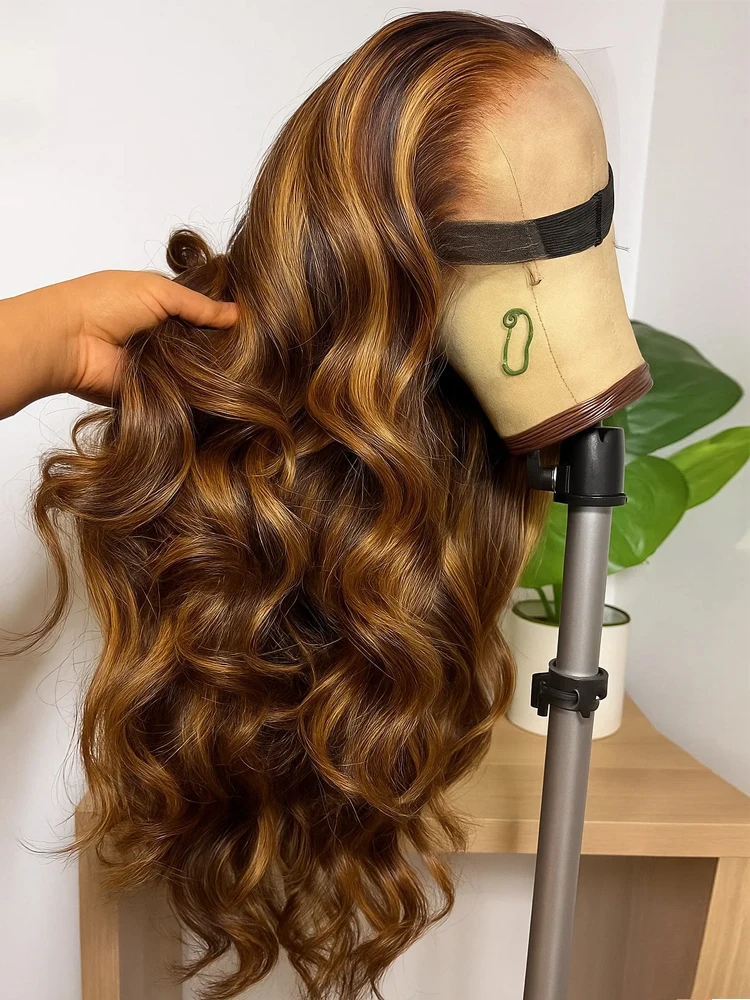 

30-дюймовый мелированный объемный волнистый 13x4 Hd кружевной фронтальный парик человеческих волос бразильский предварительно выщипанный 4/27 янтарно-коричневый цветной парик человеческих волос