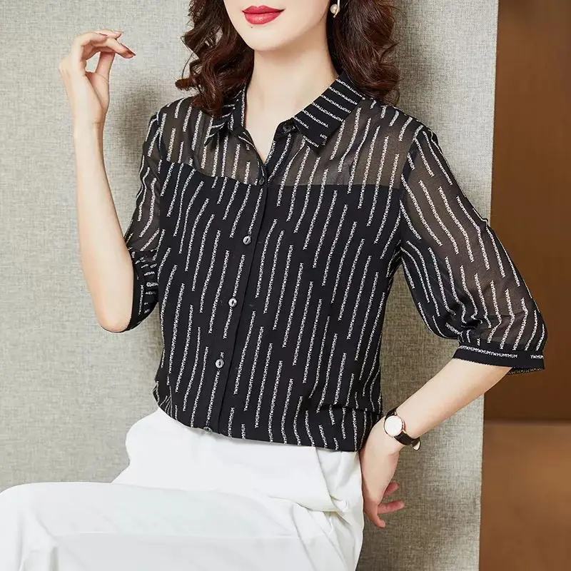 Polo Collar Shirt for Women Simplicity Printing 3/4 Sleeve Shirts Office Clothes Elegant All-match Loose Tops Summer Fashion