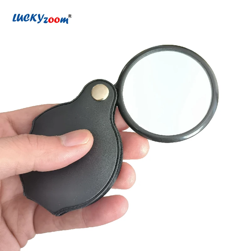 Mini 6X Magnifier Handheld 50mm Black Leather Pocket Magnifying Glass Foldable Reading Loupe Portable Monocle Observe Gift Lupe