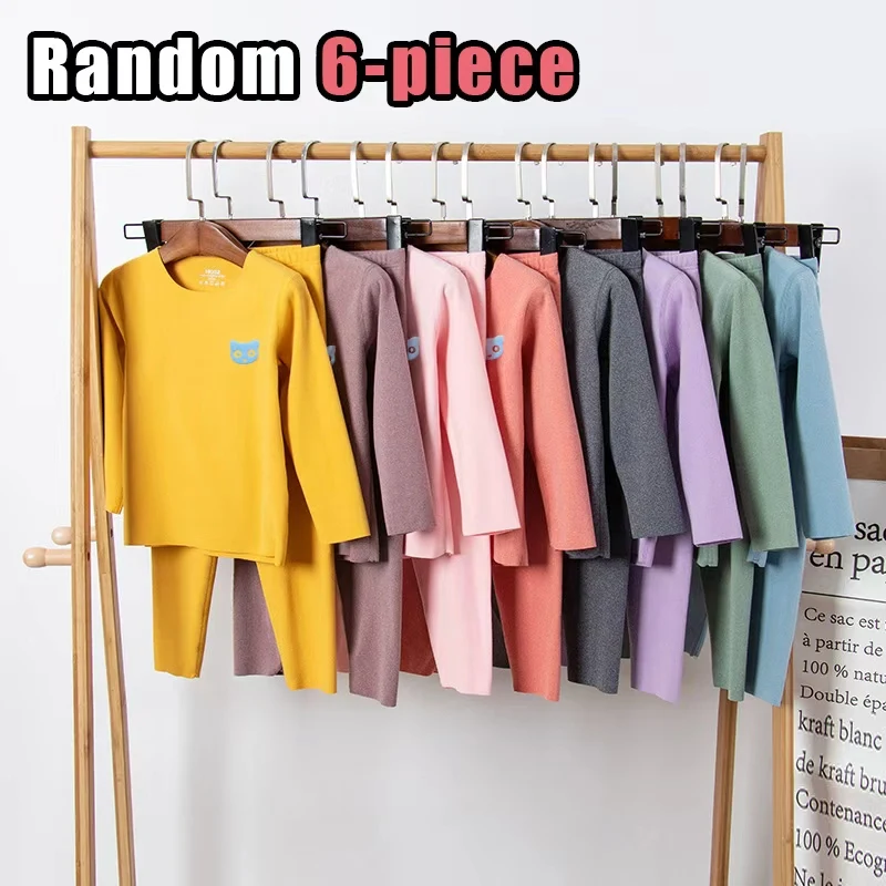 

6-компонентный случайный осенне-зимний однотонный повседневный теплый комплект нижнего белья для мальчиков и девочек, брюки с круглым вырезом и длинными рукавами, домашний комплект