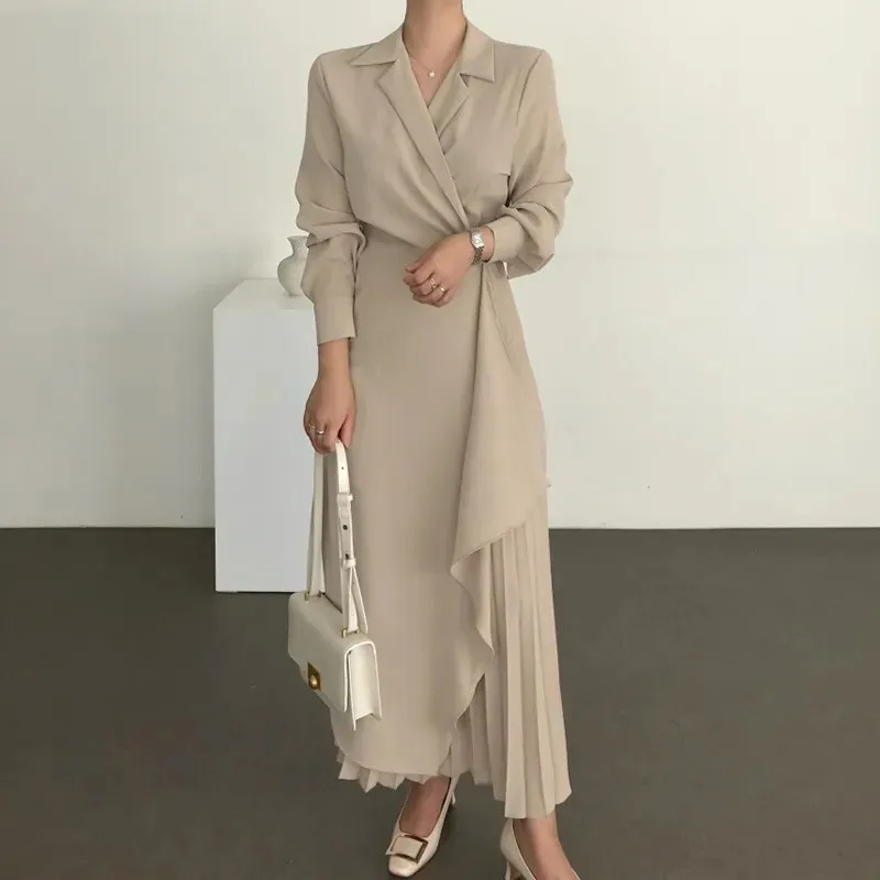 

2024 Autumn Dresses Women Pleated Formal Elegant Shirt Long Dress Office Lady Vintage Solid Color Suit Evening Vestido