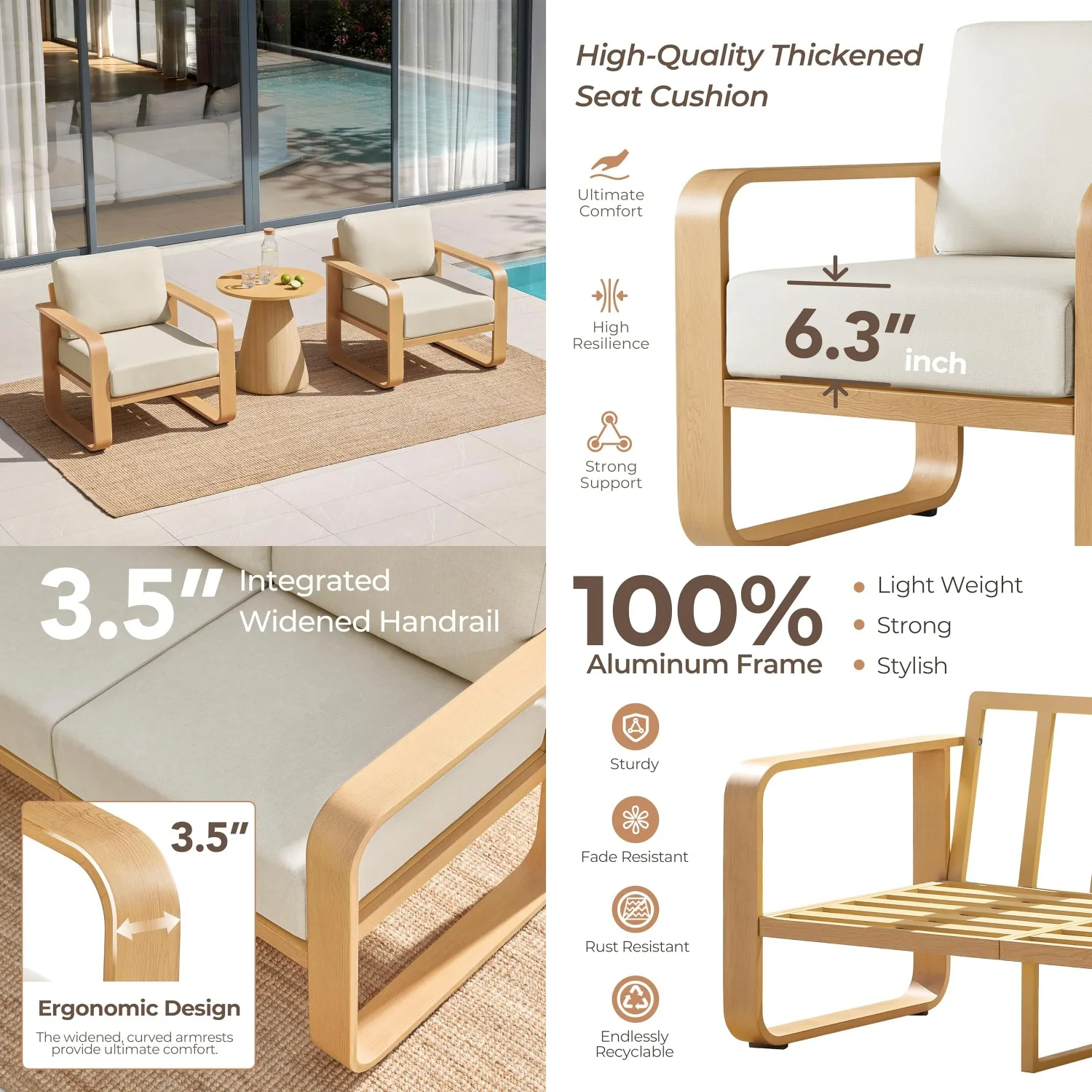 

Aluminum Frame Outdoor Chairs Set 2, 6.3in Thick Cushions Patio Sofa for Poolside Deck Balcony, Customized