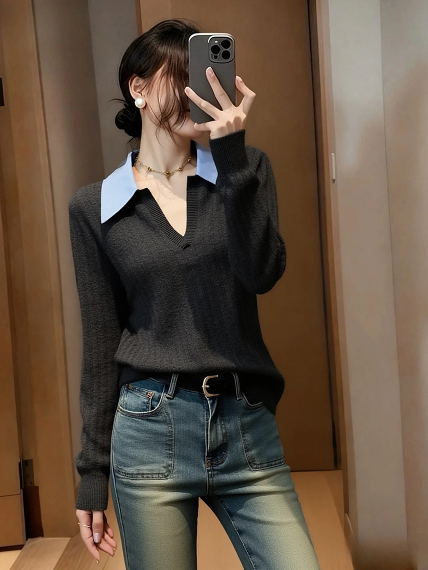 

Модный корейский вязаный топ с цветовыми блоками, длинными рукавами, повседневный, универсальный, утягивающий, зимний, модный, женская внутренняя одежда