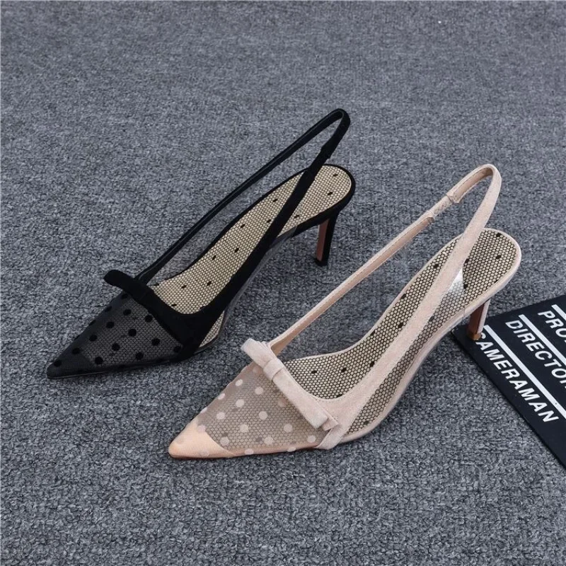 Women\'s Pumps Shoes Summer Fashion Pointy Bow Mesh Breathable Stiletto Heel Shallow Sandals Women Zapatos De Mujer Talon Femme