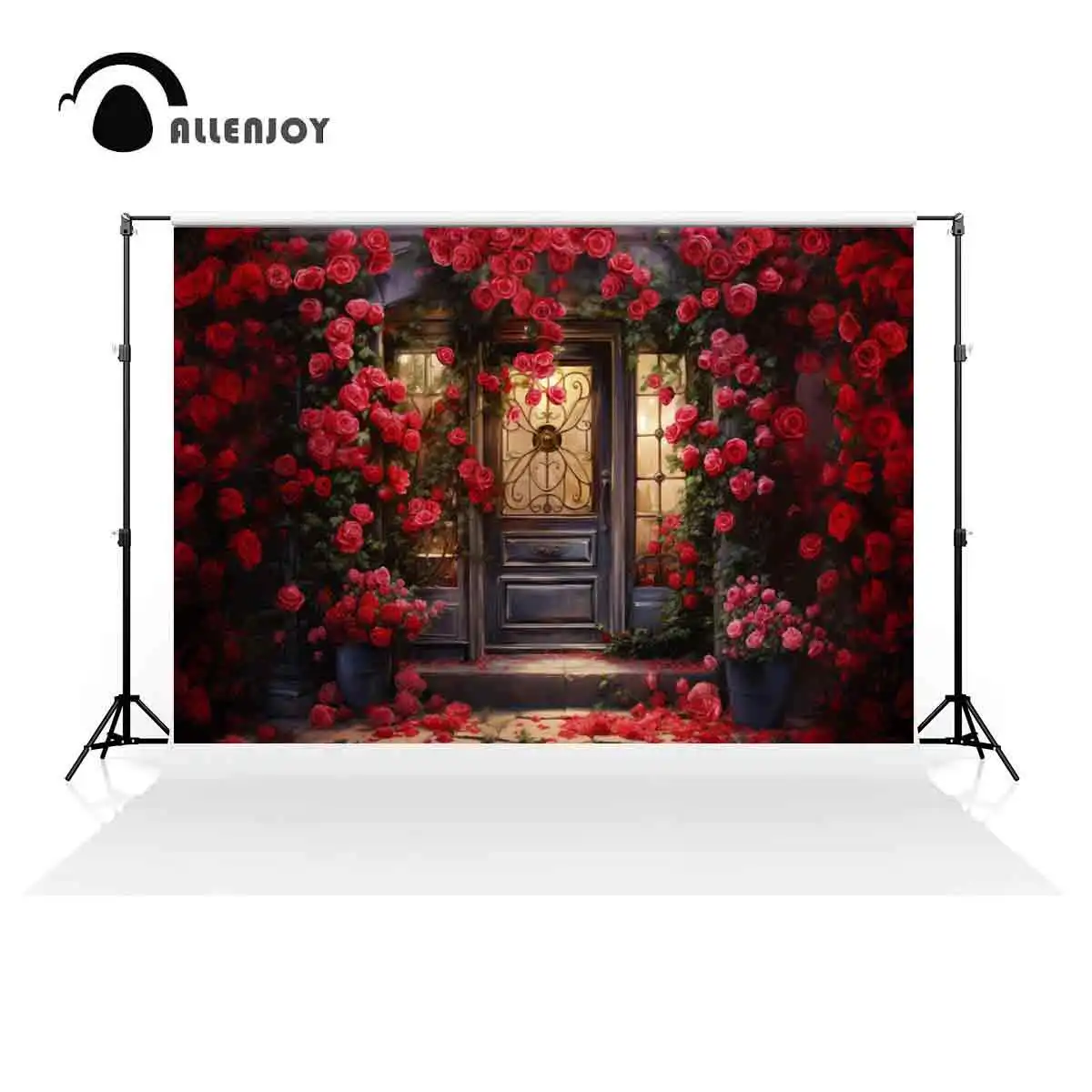 

Allenjoy Valentine's Day Wooden Door Red Floral Painting Backdrop