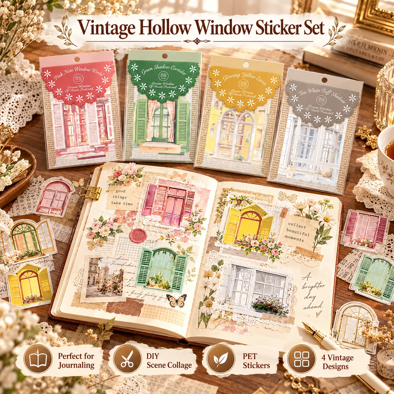 Shiguang Vintage Hollow Window Sticker Pack, Floral Window Dream Series, DIY Scenery Collage Stickers