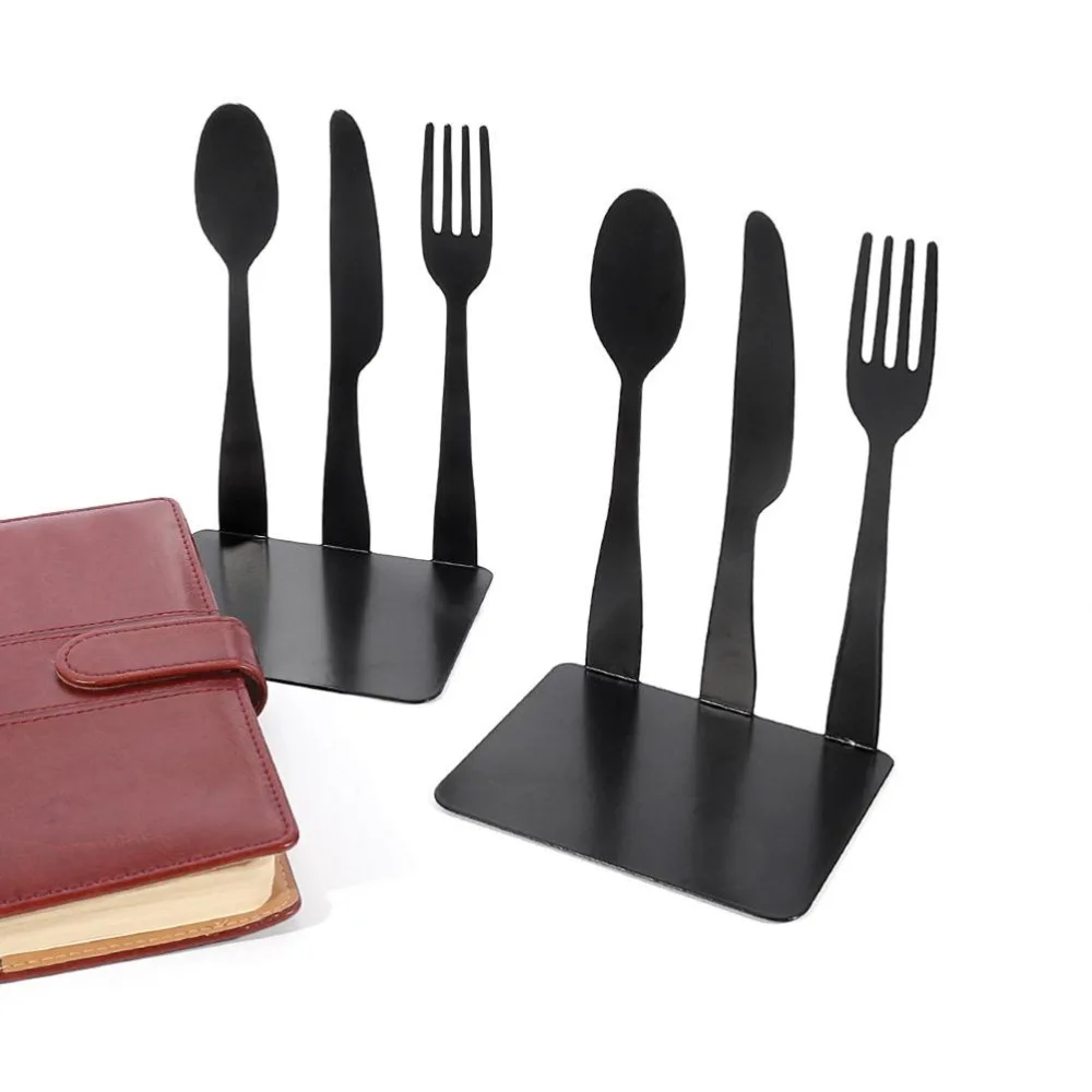 Kitchen Utensils Shape Metal Bookends Black Set Multi-Function Desktop Book Holder Practical Storage Space Saving