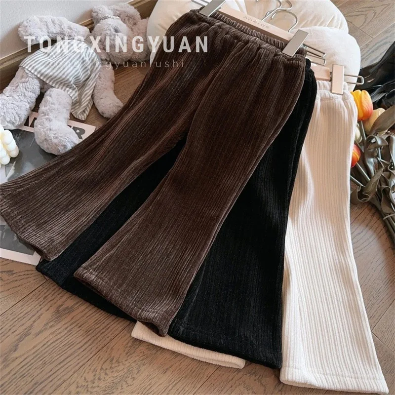 

Baby girl pants2024Autumn and Winter New Fleece-lined Thickened Bootcut Pants Casual Western Style Chenille