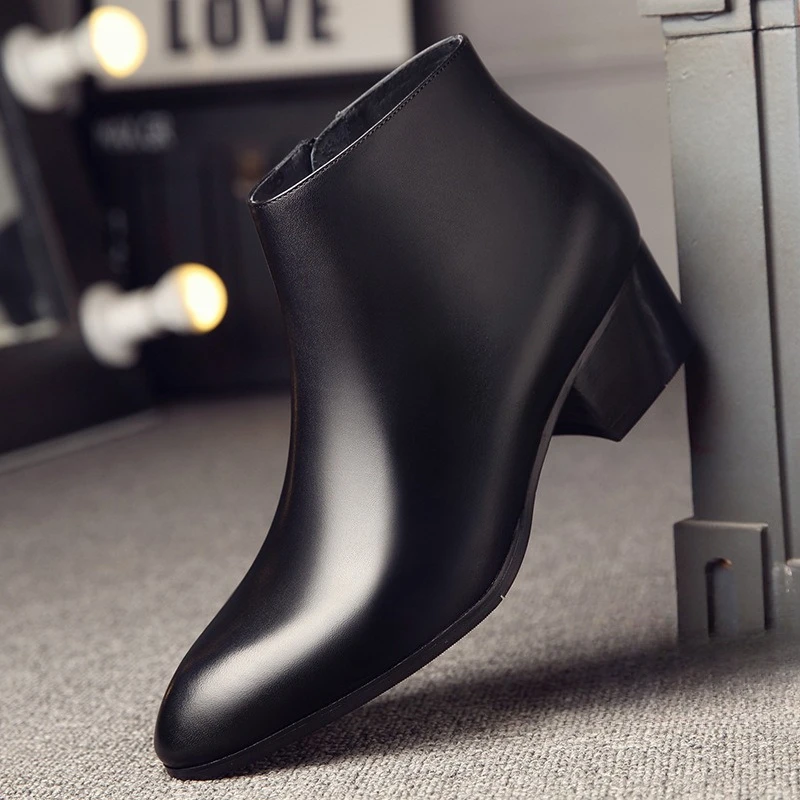 Winter Warm Mens Ankle Boots 5 Cm Height Luxury Comfortable Quality Genuine Leather Vintage Pointed Toe Party High Heels Man
