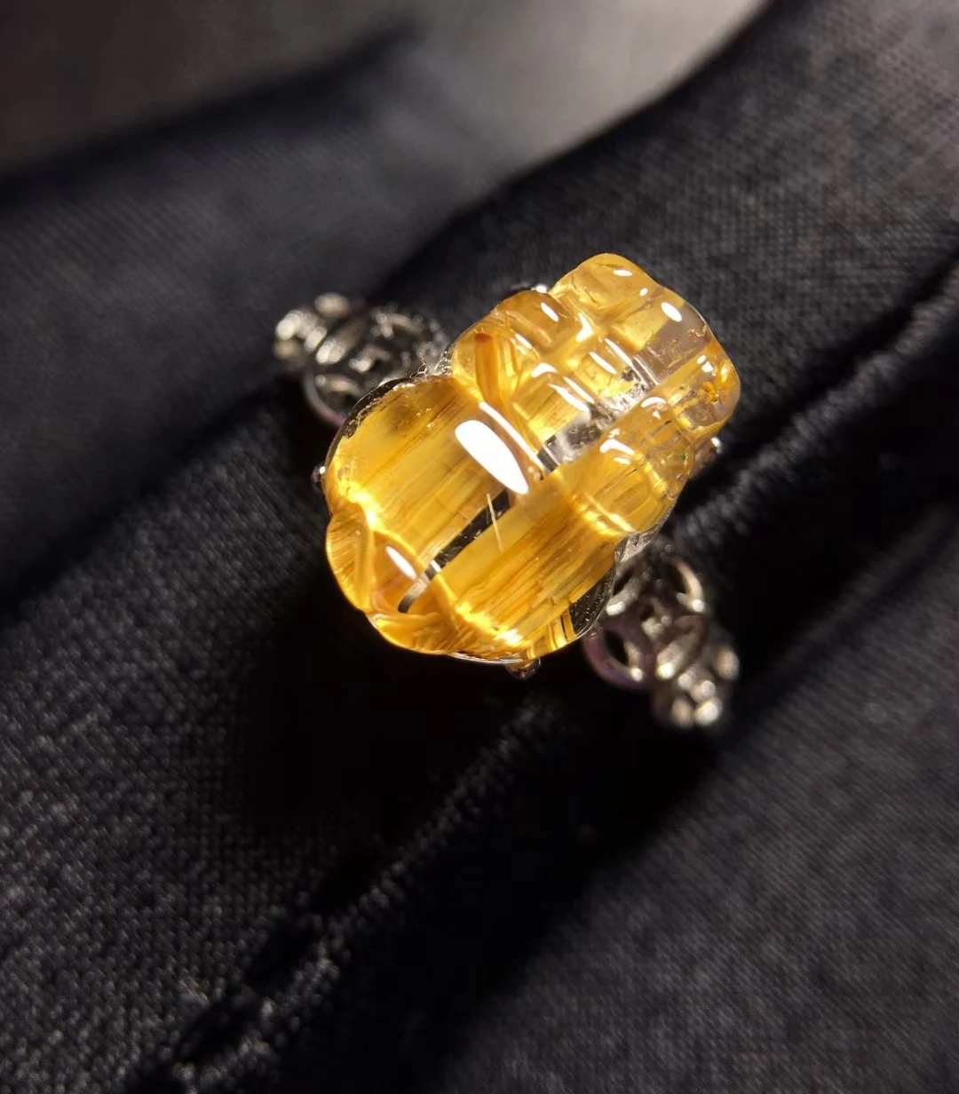 Natural Gold Rutilated Quartz Adjustable Ring 925 Silver 11*8mm PI Xiu Women Yellow Rutilated Beads AAAAAA