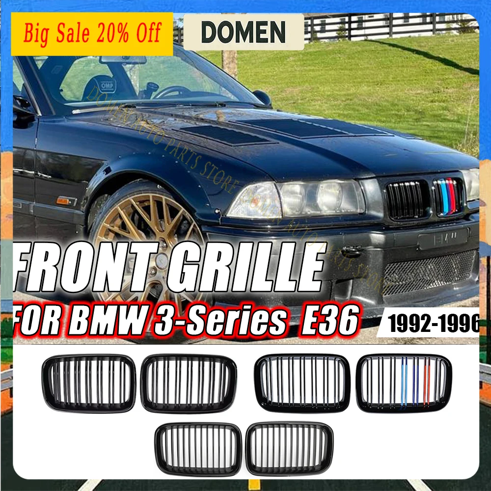 Rejillas Delanteras de Doble Línea Estilo DOMEN Gloss para BMW Serie 3 E36 1992-1996, Color Negro, Estilo de Línea Única Superior Racing