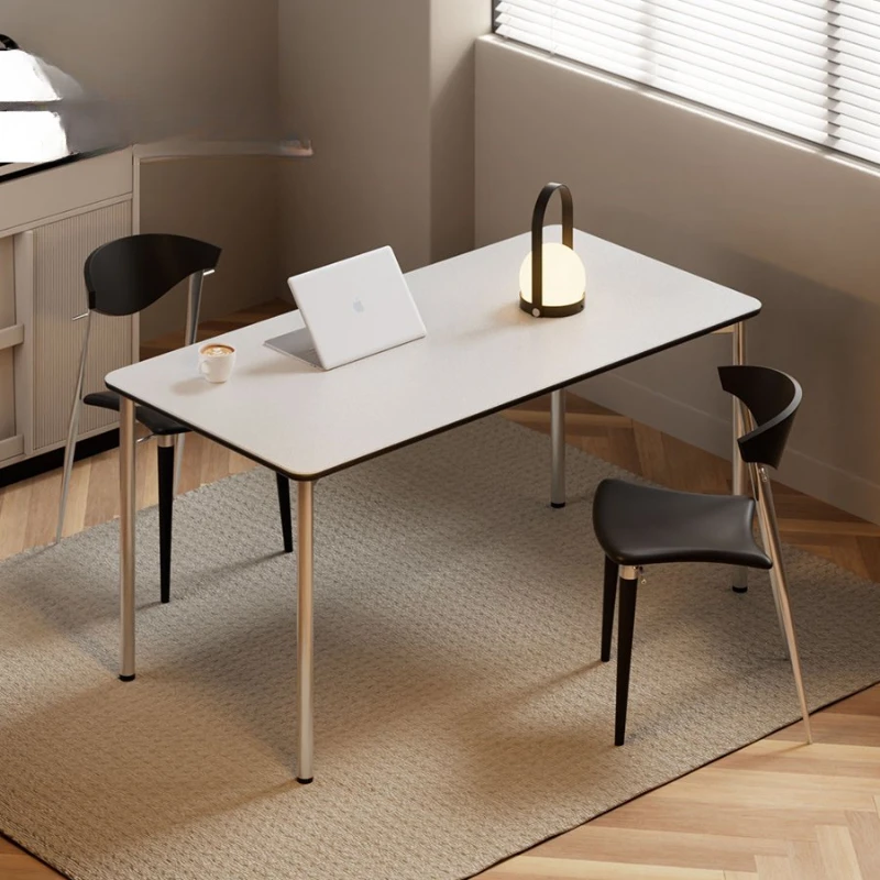 Light luxury, modern and minimalist small household dining table, rectangular stainless steel rock plate office desk