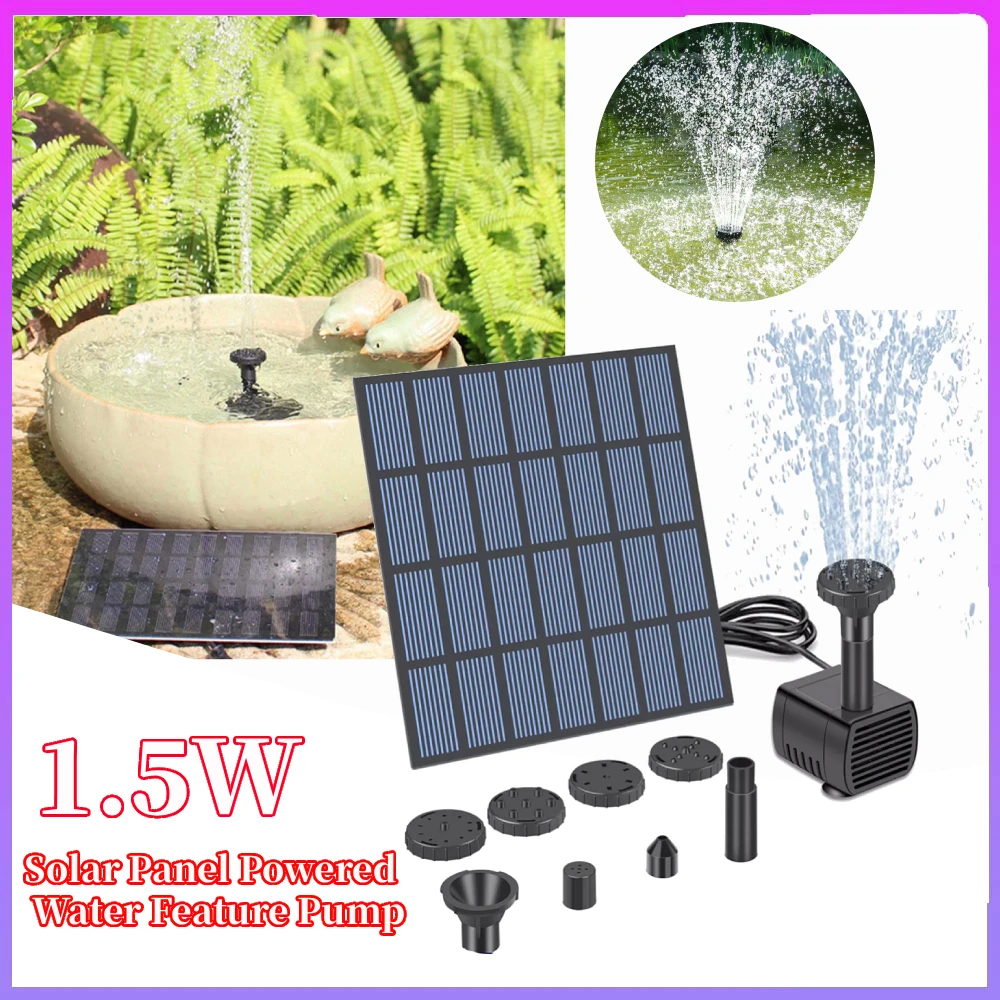 

1.5W Solar Fountain Pond Pump with Nozzles Solar Powered Fountain Water Pump Solar Fountain for Bird Bath Ponds Garden Fish Tank