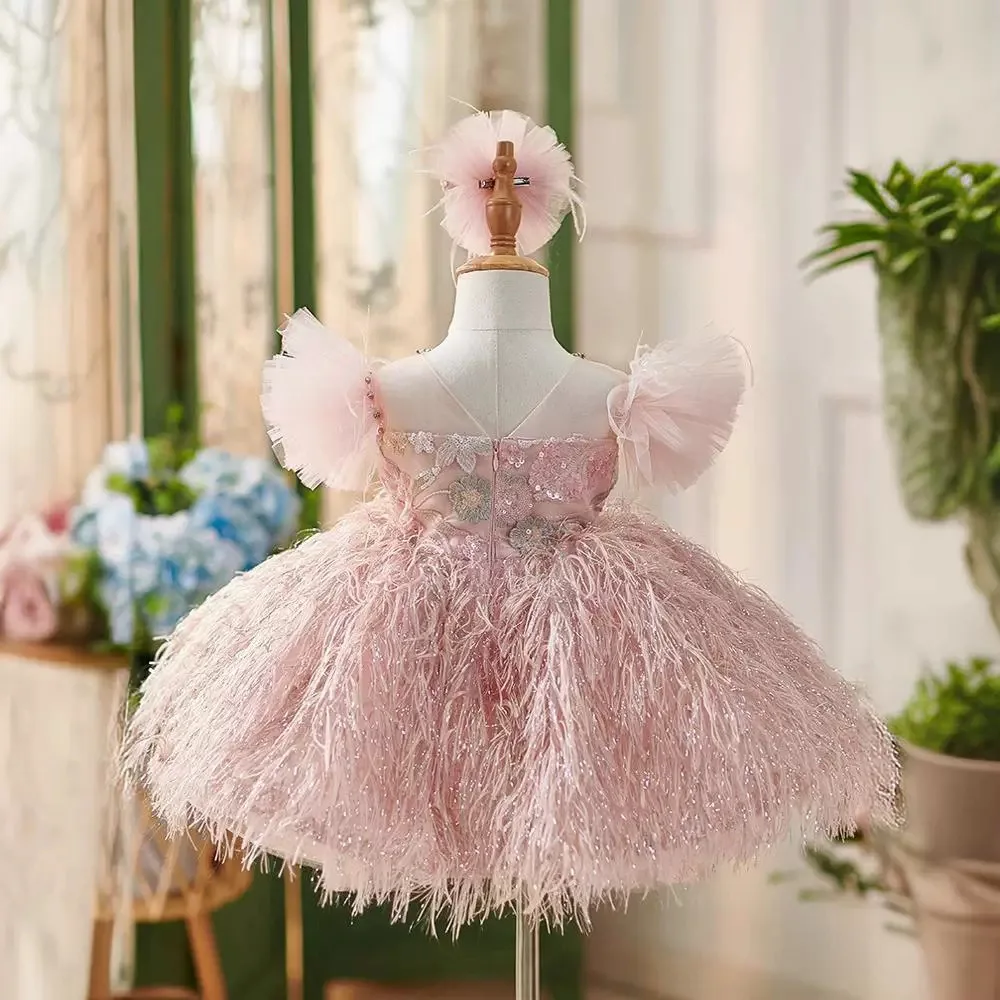 Girls Pink Princess Ball Gown Children Cute Bow Tassels Design Birthday Party Wedding Performances Dress g126