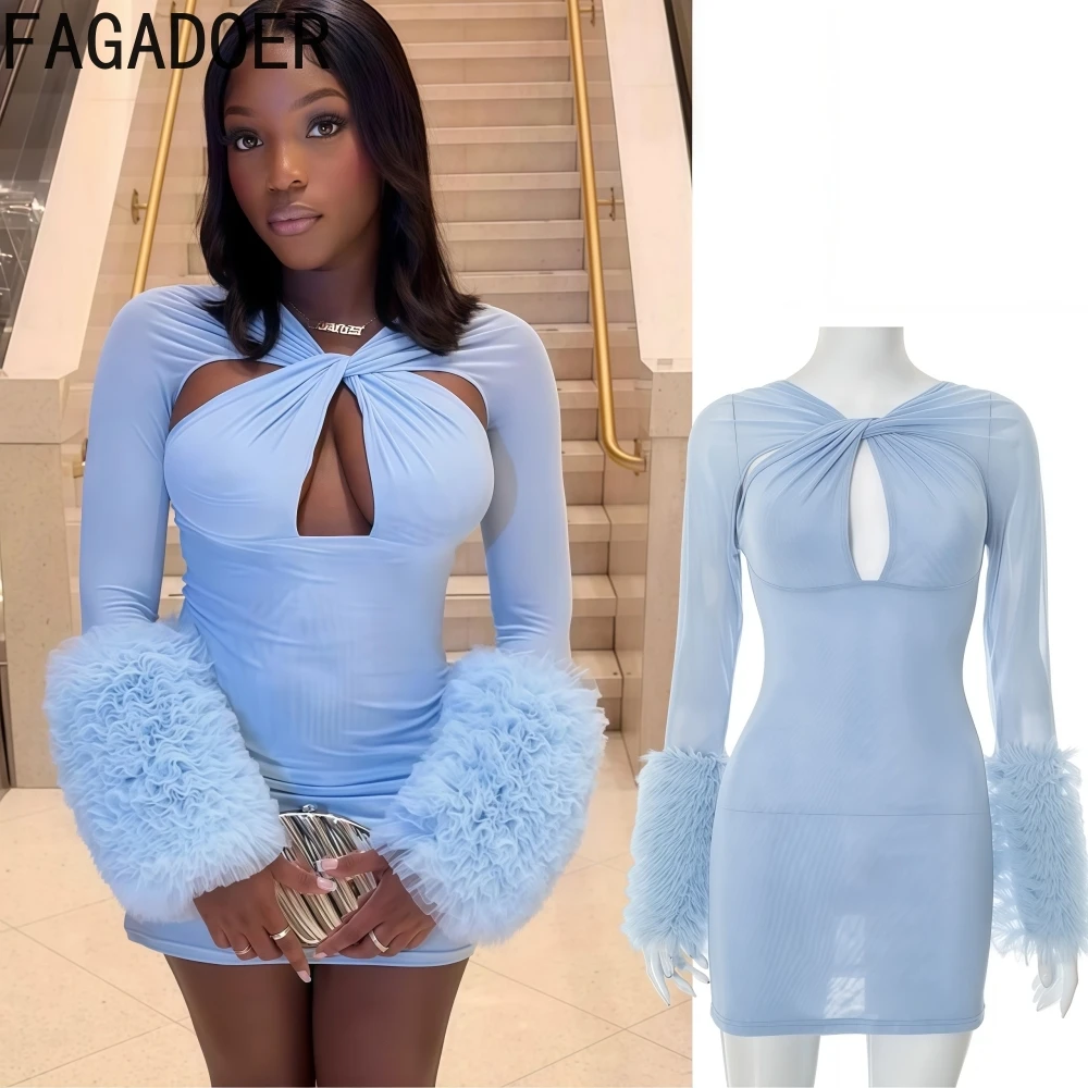 

FAGADOER Sexy Mesh Ruched Patchwork Bodycon Mini Dress Women See Through Long Sleeves Dresses Female Party Clubwear Vestidos New