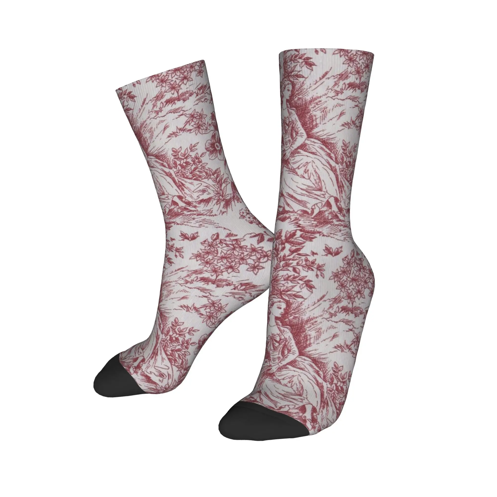 Custom Fun Printed Classic Red French Toile De Jouy Motif Pattern Socks for Men Women Stretch Summer Autumn Winter  Crew Socks view 3