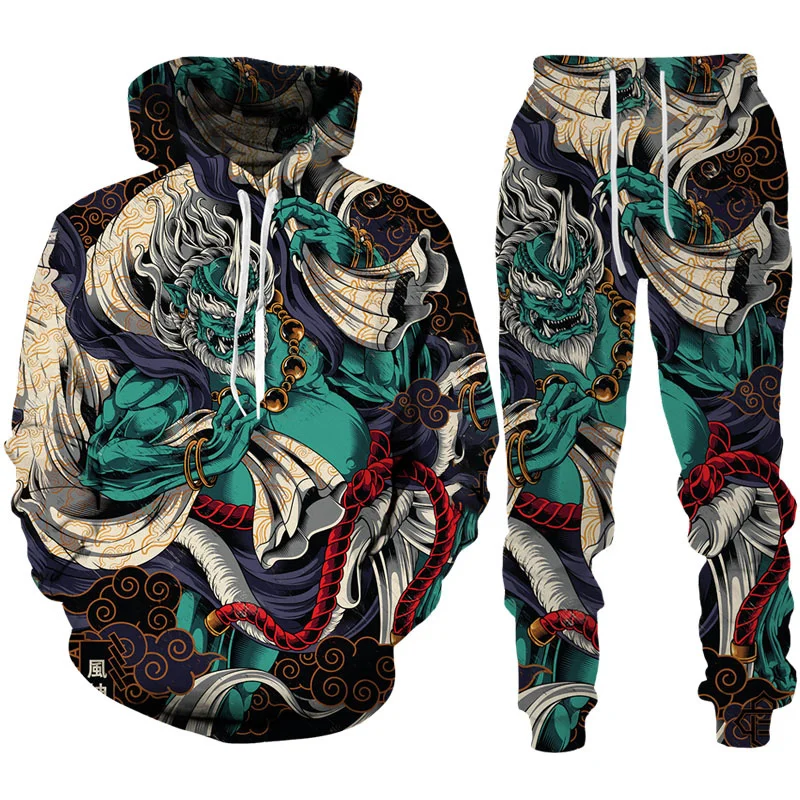 Cool Samurai Oni Mask Tattoo Art 3D Print Tracksuit Sets Casual Hoodie + Pants 2pcs Sets Fashion Man Woman Harajuku Streetwear