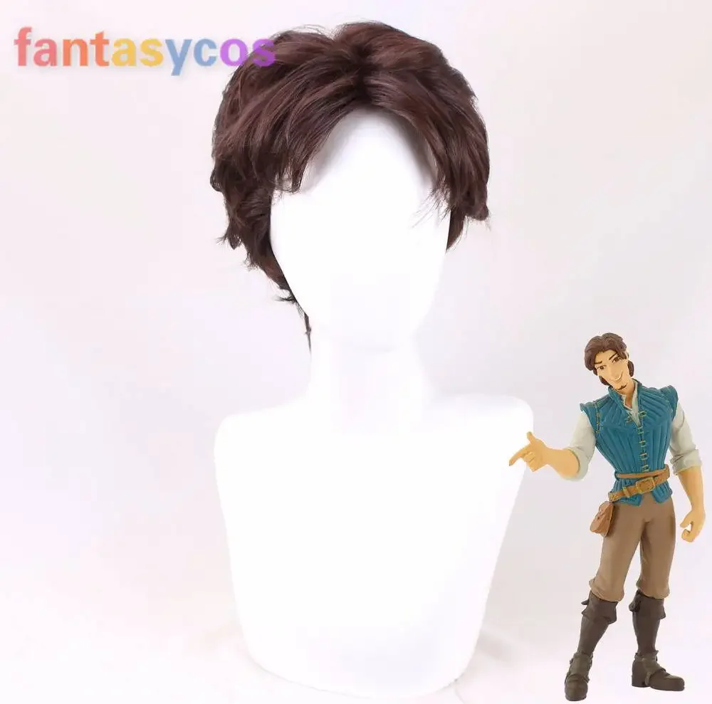 Peruca cosplay emaranhada para homens, cabelo sintético curto castanho encaracolado, Rapunzel, Flynn Rider, fantasia de Halloween, dramatização, boné grátis