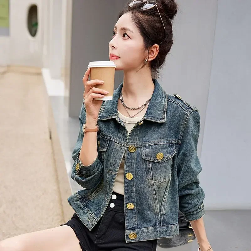 Studded Denim Jacket for Women Crop Spring Autumn Short Small Cowboy Coat Woman Korean Reviews Many Clothes Outerwears Youthful