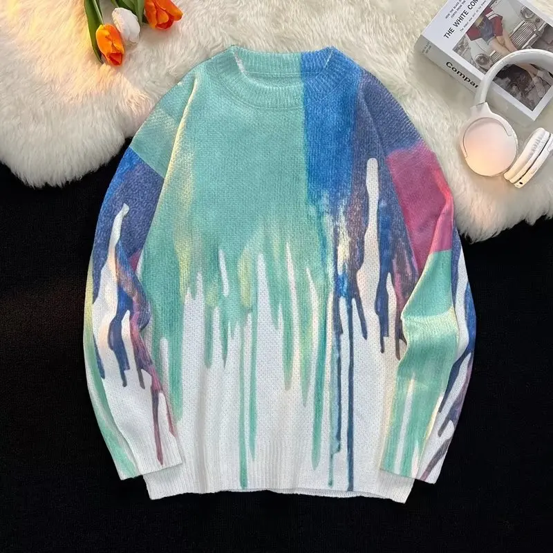 

2023 Men's Autumn Loose and Lazy Style Tie-Dyed Sweater Cartoon Graffiti Color Matching Sweater