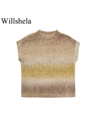 Willshela Women Fashion Printed Knitted Pullover Vest Vintage O-Neck Sleeveless Female Chic Lady Tank Tops