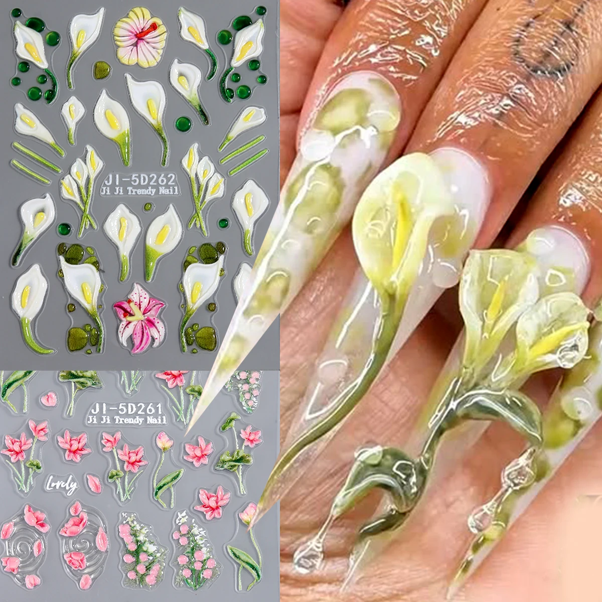 5D Spring Summer Pink Floral Leopard Nail Art Stickers Featuring Calla Lily Designs, Self-Adhesive Nail Decals for And Women