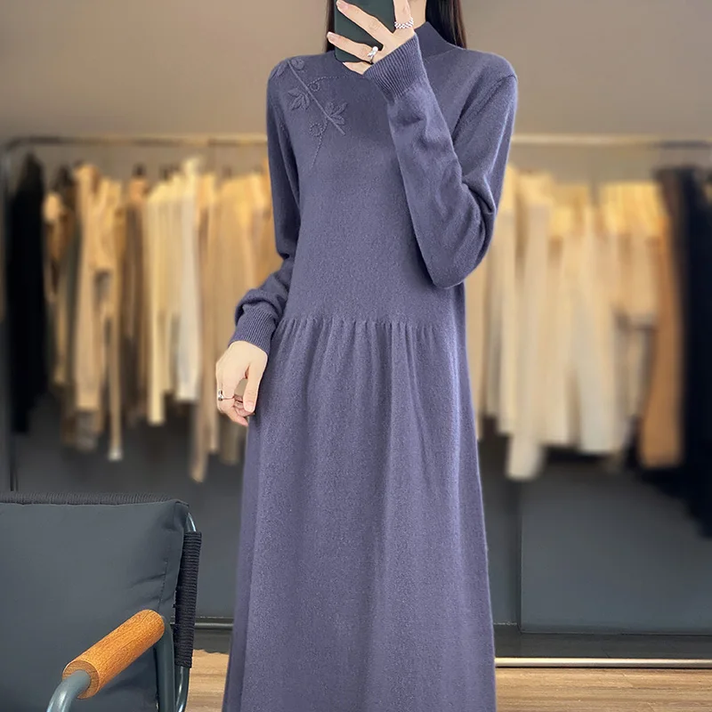 Women\'s Cashmere and Wool Knitting Dresses, Length-keen, Warm, Best Quality Female Dress, New Fashion, Winter, NJ01, 2023